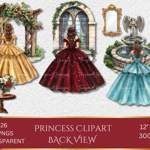 Princesse en robe de bal dos vue clipart, dame élégante, illustration de fille de mode, dames dans de belles robes, Invitation PNG, usage Commercial