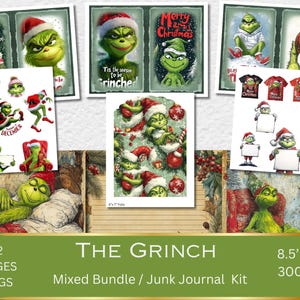 Carino Green Monster Junk Journal Kit Clipart Bundle - Acquerello Natale Festivo Verde Soffice Film Il Grinch Carte Digitali