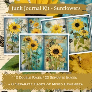 Sunflowers Junk Journal Pages, Vintage Sunflowers Junk Journal Kit, Junk Journal Printable Paper, Digital Collage Sheet, Instant Download