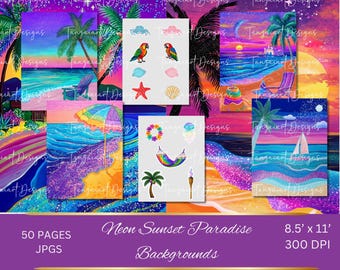 Neon Sunset Digital Paper, 80s Retro, Scrapbook Backgrounds (Digital Download)