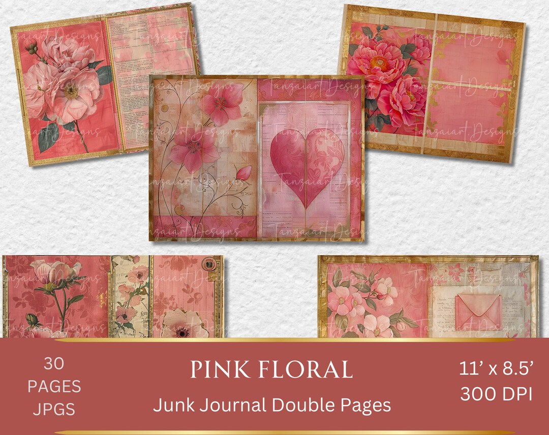 30 Pink Flowers Journal Kit, Floral Journal, Junk Journal, Digital ...