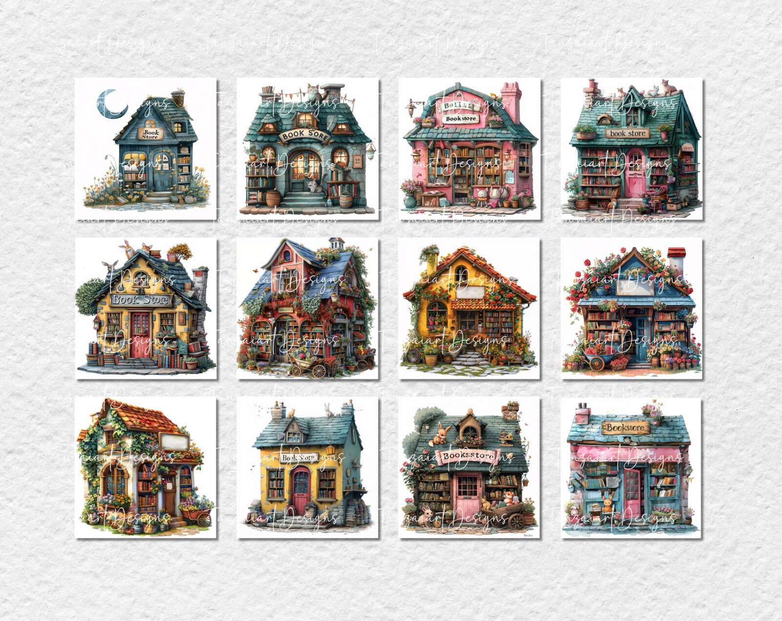 70 Whimsical Book Store Images Digital Art Printable Kit Instant ...
