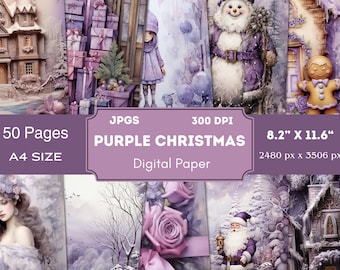 Zestaw do tworzenia fioletowych świątecznych dzienników śmieciowych, papier vintage do scrapbookingu (do pobrania w wersji cyfrowej)