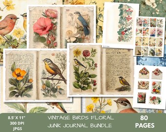 Bird Junk Journal Kit, Printable Ephemera Pack, Song Bird Ephemera, Vintage Bird Journal Supplies, Floral Digital Paper Prints