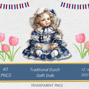 Paquete de imágenes prediseñadas de muñecas holandesas de Delft en azul, ilustraciones PNG de cerámica holandesa en acuarela, porcelana vintage, imágenes digitales tradicionales de estilo Delft