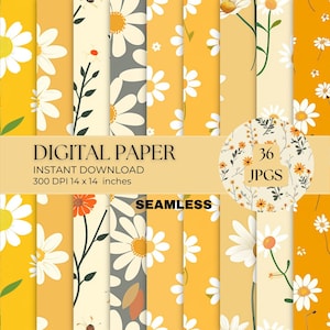 36 naadloze bloemen bloemenpatroon, pastel madeliefje naadloos bestand, boho bruiloft digitaal papier, naadloze romantische bloemenpatroon, geel, wit