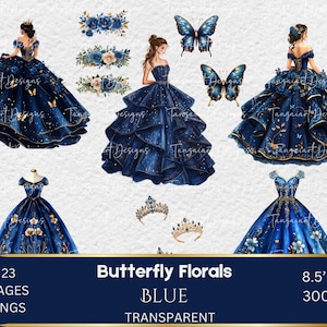 Marineblauwe prinsesjurken aquarel clipart, marineblauwe Quinceañera Mexicaanse bloemen clipart, koningsblauwe vlinder trouwjurken, Florals