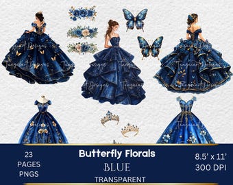 Navy Blue Princess Dresses watercolor Clipart, Navy Blue Quinceañera Mexican Flowers clipart, Royal Blue Butterfly Wedding Dresses, Florals