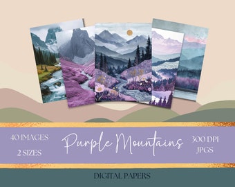 40 Fantasy Mountain Landscape Digital Paper, Enchanted Purple Mountain Background, Fantasy Landscape Backdrop, Fairy Lights, Junk Journal