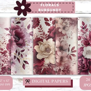 Carta digitale floreale bordeaux, carta per album di nozze con fiori astratti bordeaux