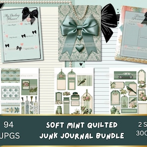 May include: A digital junk journal bundle in soft mint green, featuring various decorative elements. Includes planner pages, tags, and embellishments with floral and bow accents. The bundle contains 94 JPGs in 2 sizes, 300 DPI.