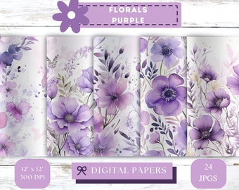 Pastel Purple Floral Watercolor Paper, Blush Rose Scrapbook Background (Digital Download)