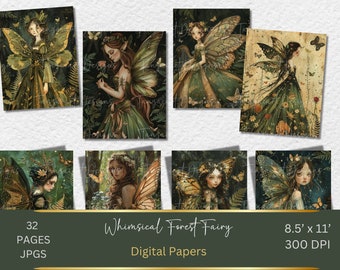 Digital Kit, 32 Whimsical Fairies Pages, Digitals Watercolor Colorful, Fairy Junk Journal, Scrapbooking , Quirky, Magical