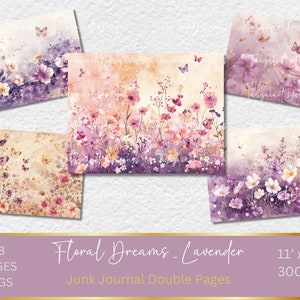 28 Floral Dreams Lavender Junk Journal Printable Double Pages, Lavender Junk Journal Kit, Lavender Junk Journal Paper, Digital Collage Sheet