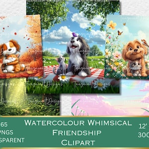 Funny whimsical dog characters, friendship quirky dogs clipart png, unique watercolour illustrations, happy dog, children illustrations