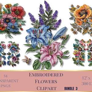 Op de afbeelding: 34 geborduurde bloemen clipart-afbeeldingen in PNG-formaat. De afbeeldingen zijn 12 inch bij 12 inch en 300 DPI. De bloemen zijn in verschillende kleuren, waaronder blauw, roze, geel en oranje.