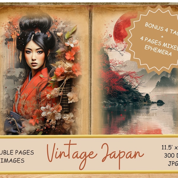 Japon vintage Junk Journal Pages, kit de papier pour scrapbooking numérique, éphémères japonais, feuille de collage imprimable, fond asiatique, estampes orientales