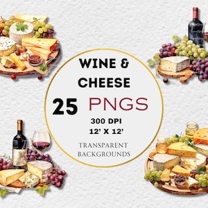 Clipart de vino y queso en acuarela: 25 PNG de calidad, 300 DPI - Ideal para diario digital, imprimible con uso comercial, descarga digital