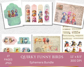 Funny Bird Ephemera Kit, Whimsical Scrapbook, Tags, Pockets (Digital Download)