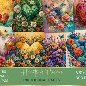 Kit digital de 50 imágenes de corazones y flores Kit de arte digital imprimible Descarga digital instantánea Imágenes de corazones de San Valentín Imágenes digitales vintage