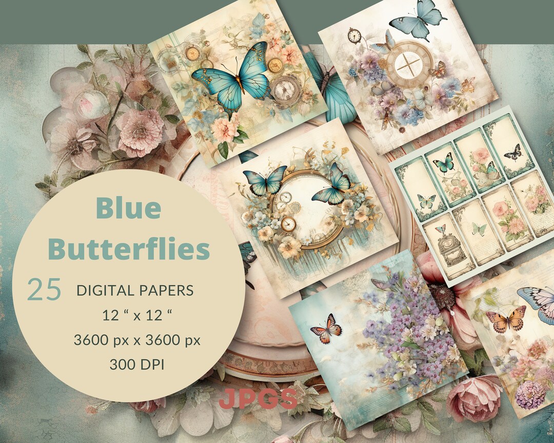 Watercolor Blue Butterfly Junk Journal Kit (digital Collage Sheet) - Etsy