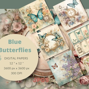 Pages de journal indésirable aquarelle papillon bleu, kit de journal indésirable papillons vintage, papier pour journal indésirable imprimable, feuille de collage numérique