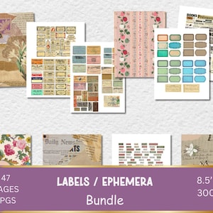 Conjunto de 47 páginas de etiquetas e itens efêmeros, números de texto, enfeites em branco, etiquetas digitais, itens efêmeros de camafeu para impressão, papelada, ingressos, itens efêmeros