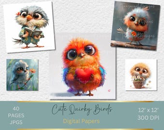 Imágenes prediseñadas de pájaros divertidos y lindos, ilustraciones de pájaros extravagantes, pájaros extravagantes, flores, imágenes prediseñadas de sublimación, gráficos extravagantes, caras de pájaros de dibujos animados de acuarela