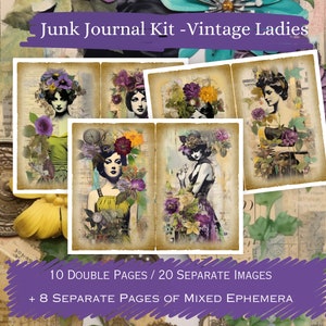 Vintage Lady Junk Journal Digital Kit Printable, Flowers, Butterflies Grunge Printables Collage Sheet, Junk Journal Paper, Scrapbooking