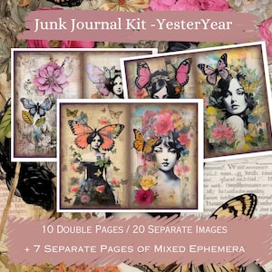 Vintage Lady Junk Journal Digital Kit Printable, Flowers, Butterflies Grunge Printables Collage Sheet, Junk Journal Paper, Scrapbooking