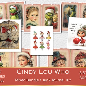 Ensemble de cliparts mignon Cindy Lou Who Junk Journal - Aquarelle de Noël, film duveteux vert festif The Grinch, papiers numériques