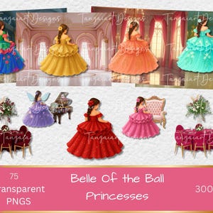 Elegante Prinzessin Kleider Quinceaño, Pink Blau Gelb Rot Grün Blumen Aquarell Clipart, Belle of the Ball, Mode, Glitzer, Florals