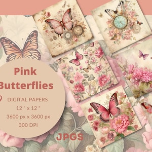 Páginas de diário de borboleta rosa aquarela, kit de diário de borboletas vintage, papel de diário de borboletas para impressão, folha de colagem digital