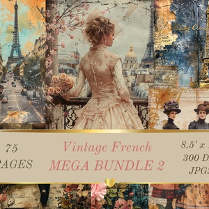 Könnte beinhalten: Eine digitale Collage aus Vintage-Bildern aus Frankreich, darunter eine Frau in einem weißen Kleid, der Eiffelturm und Pariser Straßenszenen. Die Collage besteht aus 75 Seiten, jede mit einer Größe von 21,6 cm x 27,9 cm bei 300 DPI.
