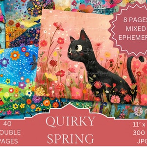 Quirky Spring Junk Journal Double Papers, Scrapbook Supply - 40 Spring Style Junk Journal Pages, Vintage Pages, Digital Download, Printable