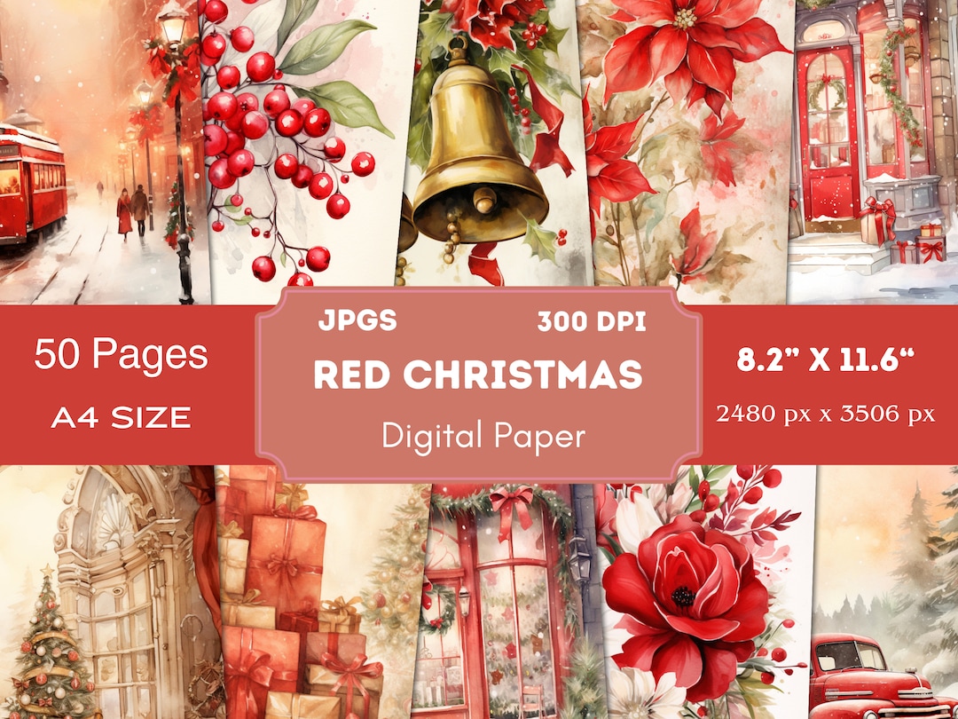 Vintage Red Christmas Junk Journal Pages, Digital Papers, Printable ...
