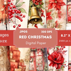 Vintage Red Christmas Junk Journal Pages, Digital Papers, Printable Journal Pages, Journaling Papers, Digital Download,Card Making,ephemera