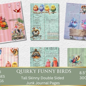 Funny Birds Tall And Skinny Junk Journal Pages, Whimsical Scrapbook Vintage Papers, Nature Collage Kit, Digital Download, Thin Ephemera Set