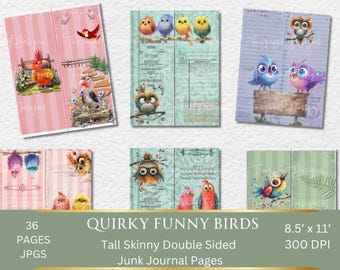 Strony z dziennika „Whimsical Bird Junk”, wysokie, chude drobiazgi (do pobrania w wersji cyfrowej)
