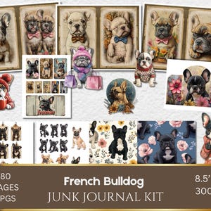 Lindo kit de diario basura de bulldog francés PNG, diseño de dibujos animados de animales transparentes, sublimación imprimible, descarga digital, papel digital