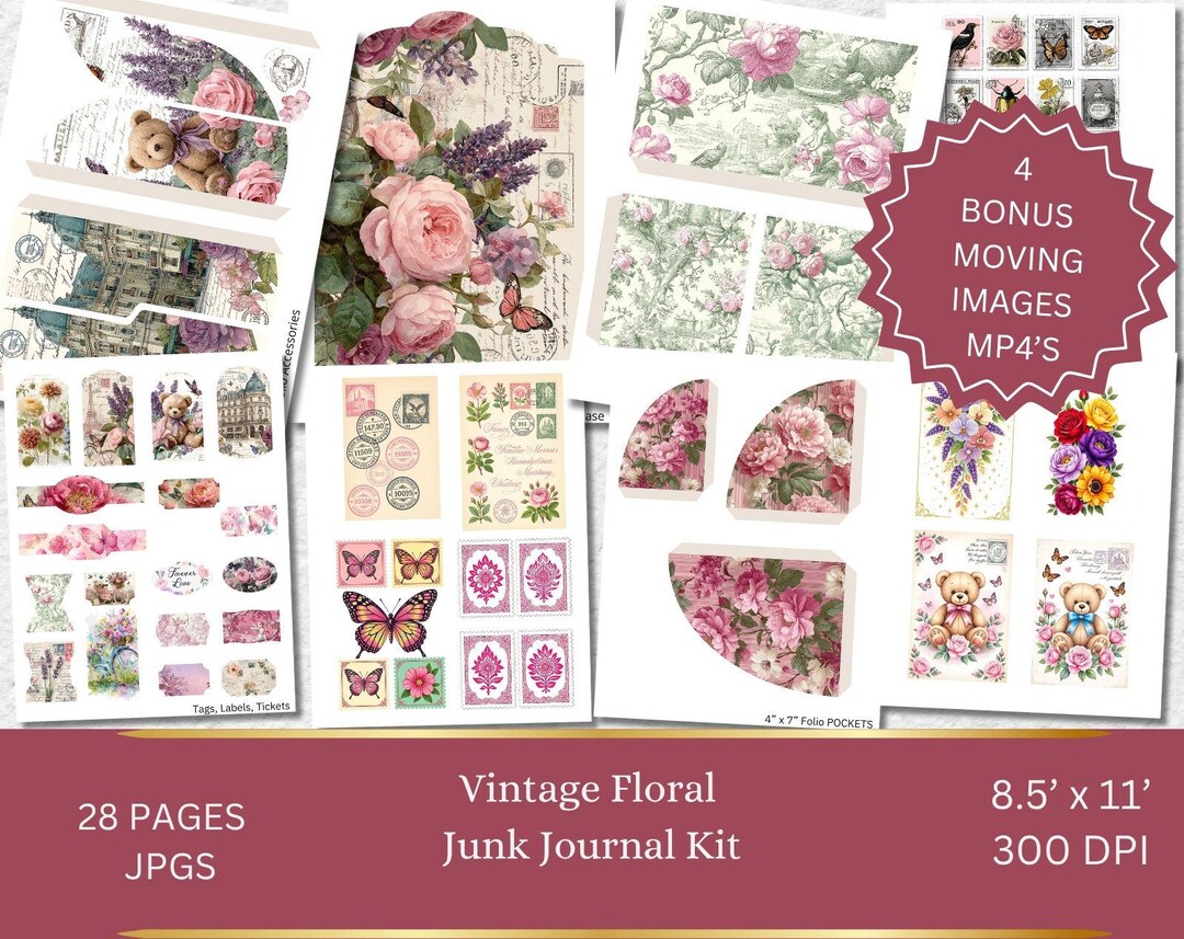 Vintage Floral Junk Journal Kit, Printable Ephemera (digital Download ...