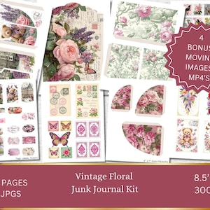 Vintage Floral Junk Journal Kit, Journaling Ephemera, ATC, digital download, collage sheet, digi kit, printable paper, printable tags