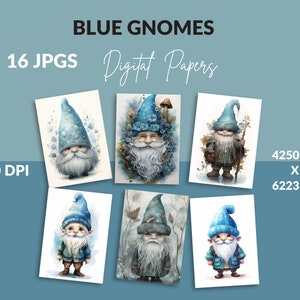 Fancy Blue Gnomes Clipart, 16 High Quality JPGs, Nursery Art, Digital Download | Card Making, Gnome Clipart, Digital Paper Craft |