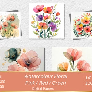 29 Várias flores rosa, vermelhas e verdes, impressão de flores, clipart de aquarela para impressão, JPGs de alta qualidade, download digital, artesanato em papel, diários de lixo