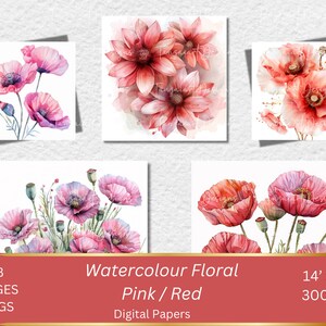 28 Várias flores vermelhas rosa, impressão de flores, clipart de aquarela para impressão, JPGs de alta qualidade, download digital, artesanato em papel, diários de lixo