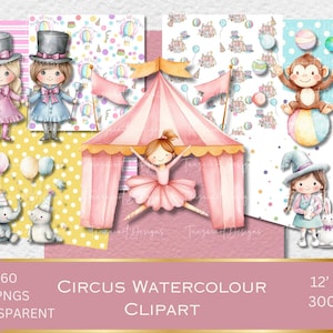 Clipart de acuarela de circo, descarga digital, lindos gráficos PNG de circo rosa, lindos animales color caramelo, color pastel de circo
