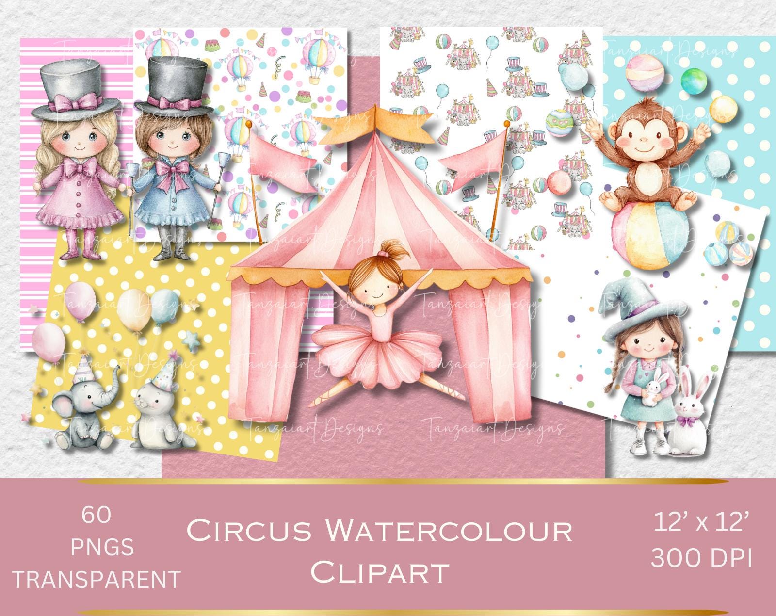 Circus Watercolor Clipart, Digital Download, Cute Pink Circus Png ...