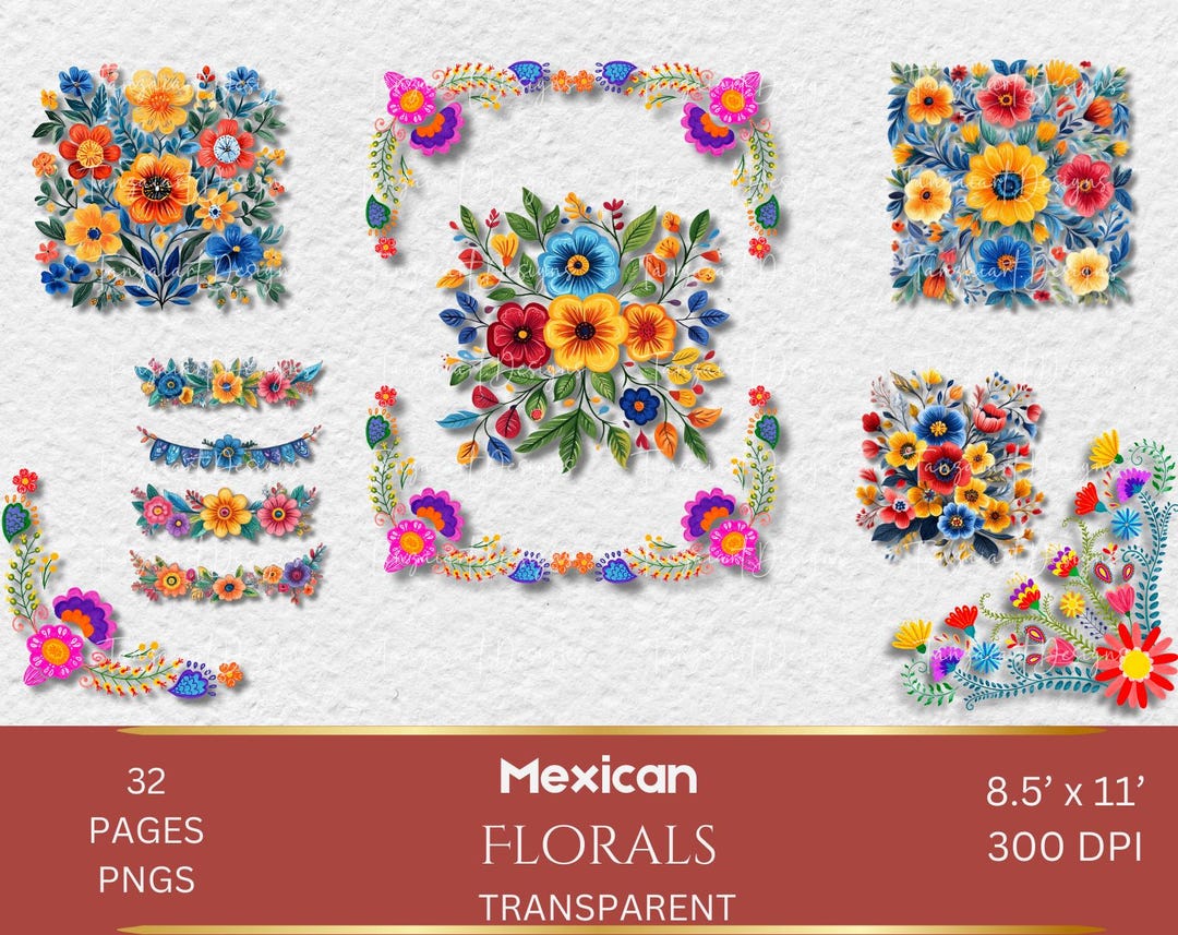 Mexican Watercolor Floral Clipart, Fiesta Flowers (PNG, PDF) - Etsy