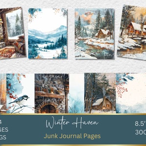 Winter Cottage Junk Journal Pages Afdrukbare achtergrondpapier Winter Ephemera Digitale Scrapbook Collage Cosy Retreat Junk Journal Kit