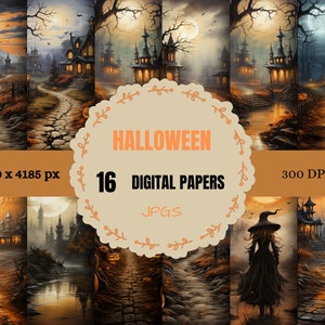 Druckbare Halloween-Landschaft, digitales Papier, Aquarell-Halloween-Szenen, gruselige Seiten, Download Junk Journal, Scrapbooking, Kartenherstellung